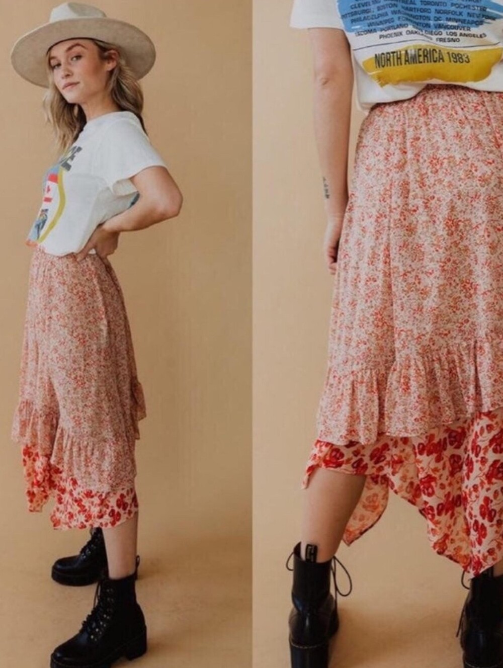FREE PEOPLE Floral Tiered Handkerchief Hem Midi Skirt - Peach Floral